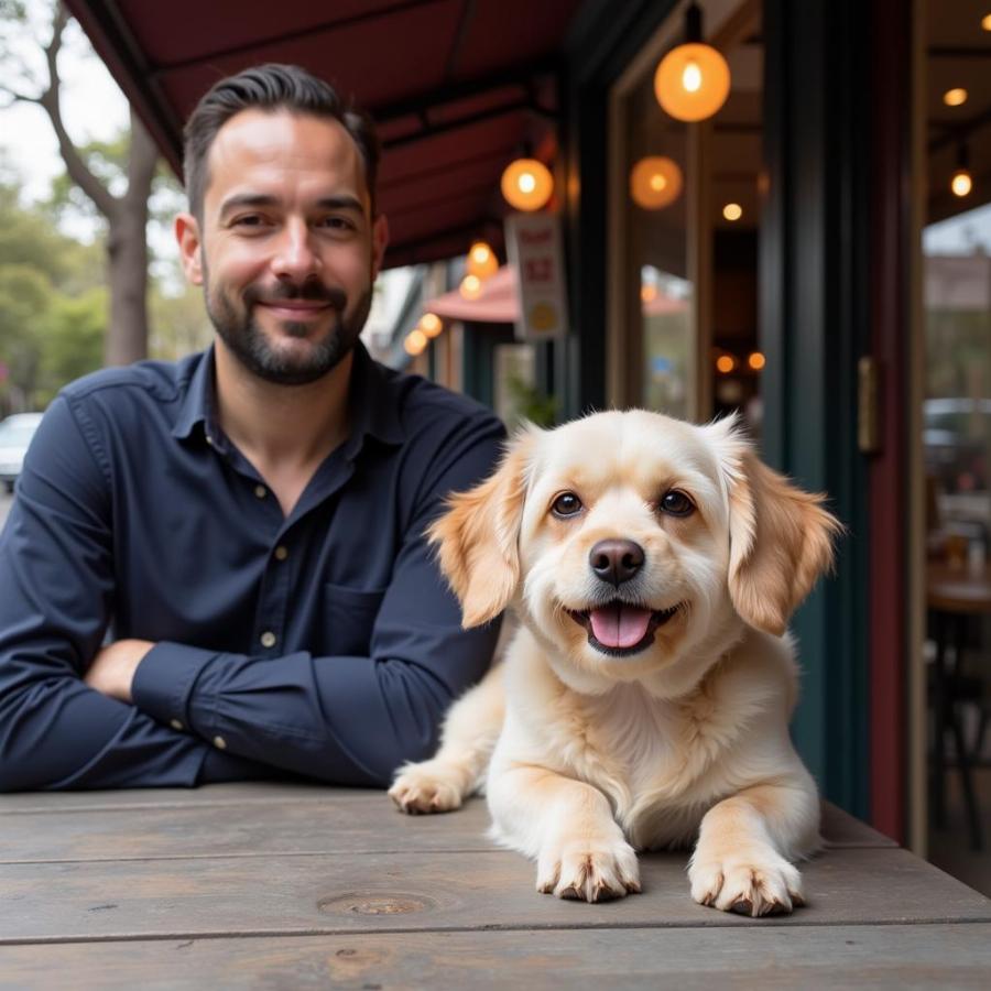 Dog sitting with owner at a cafe in Dog Patch SF