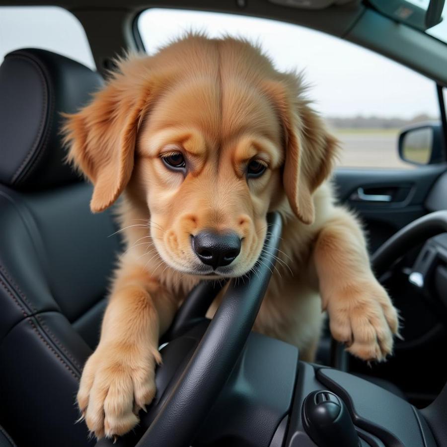 Dog Peeking Over Steering Wheel