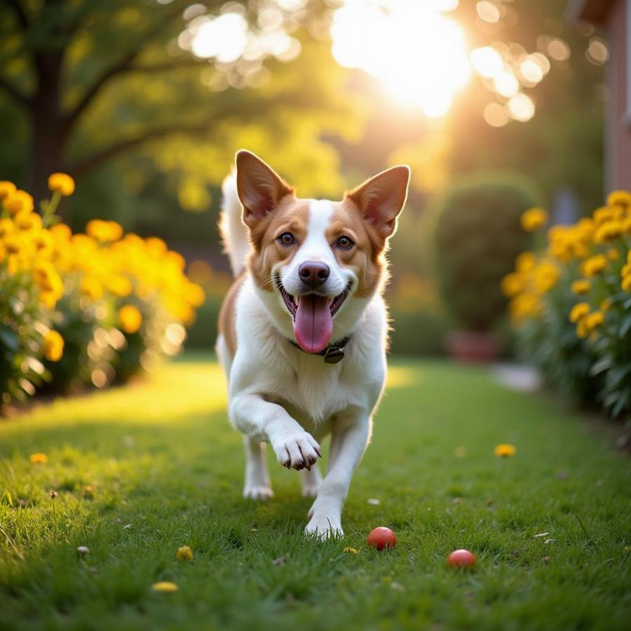 Dog playing safely in a citronella planted yard