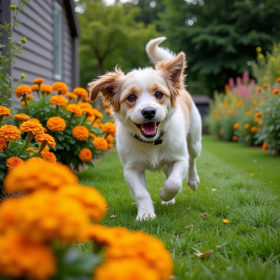 Dog Playing in a Mosquito-Free Yard with Marigolds and Catnip