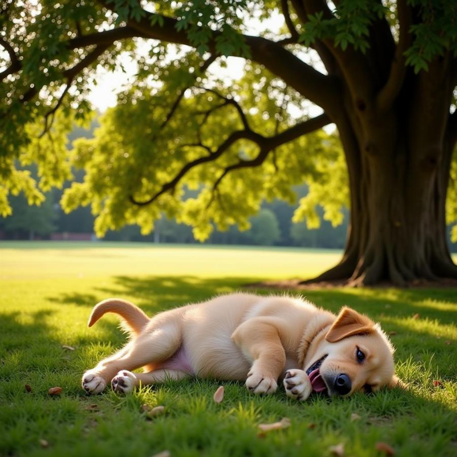 Dog Playing Under an Oak Tree