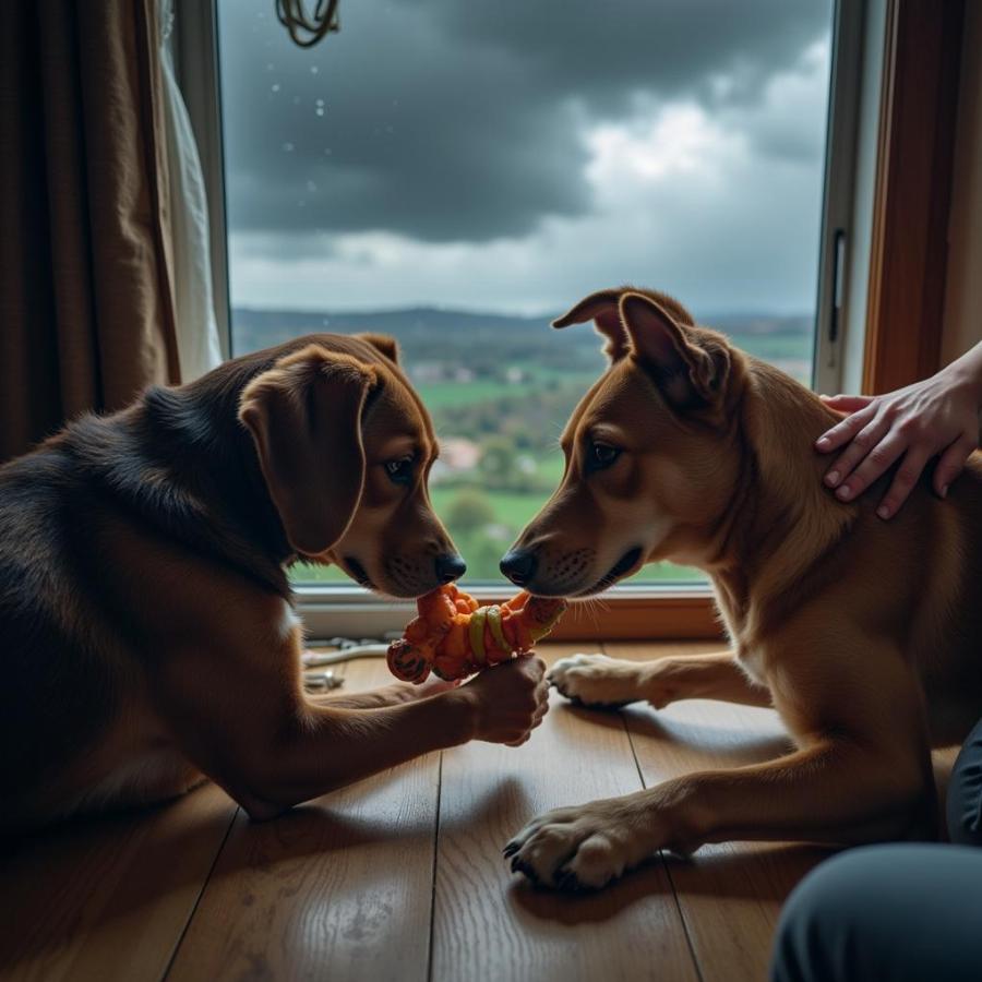 Dog Playing with Toy During a Thunderstorm