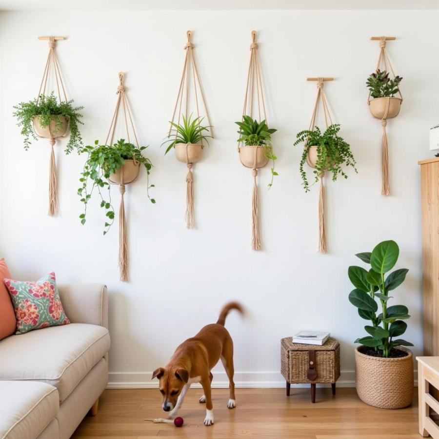 Dog playing with toys near hanging plants