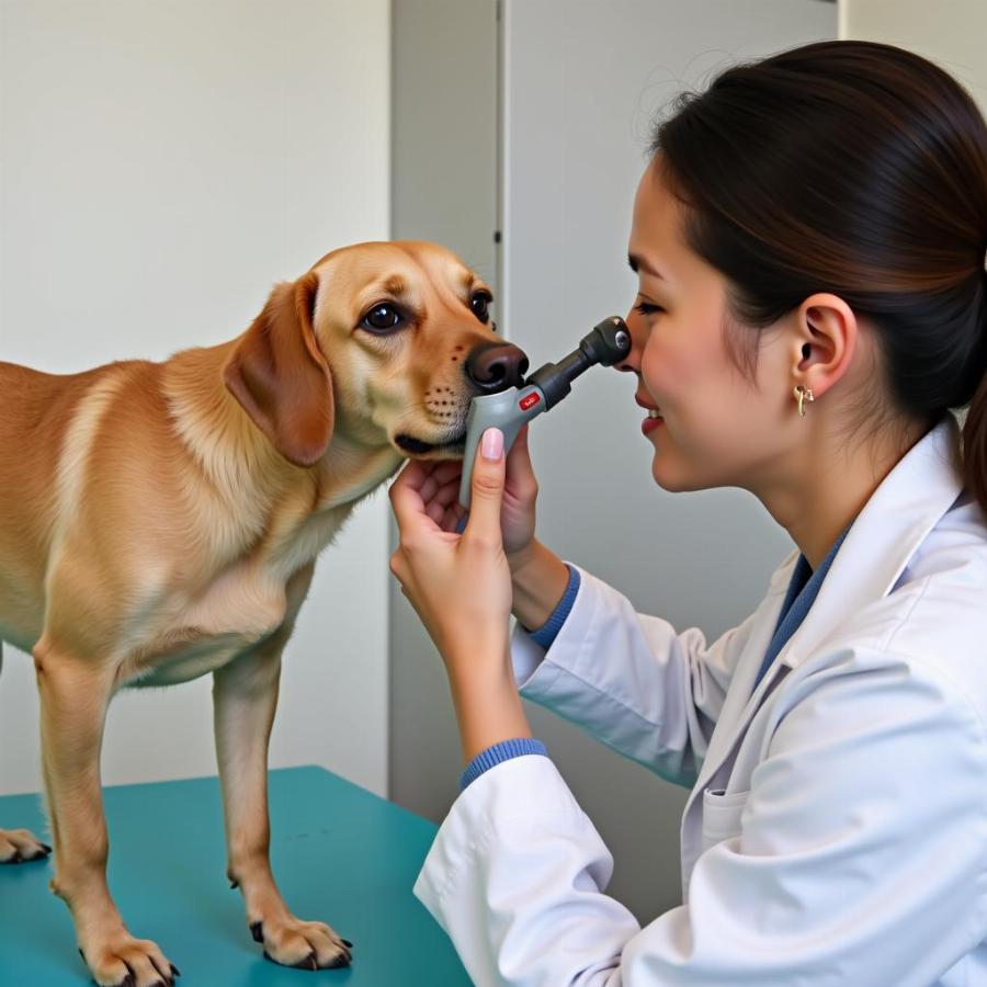 Dog receiving veterinary care for a snotty nose