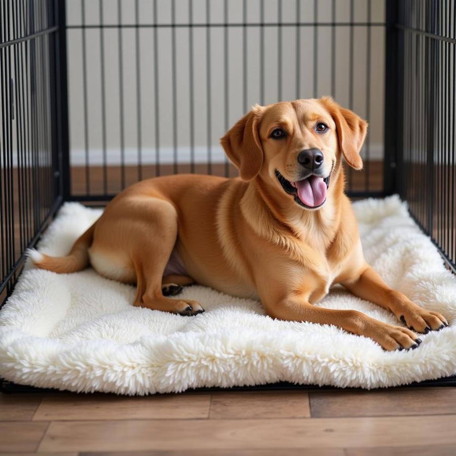 Dog relaxing on a comfortable crate mat inside its crate