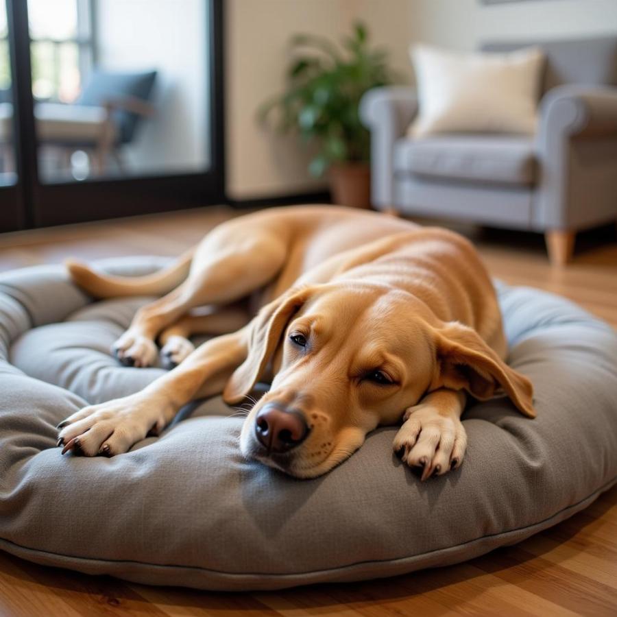 A dog resting comfortably at a Honolulu dog daycare after playtime