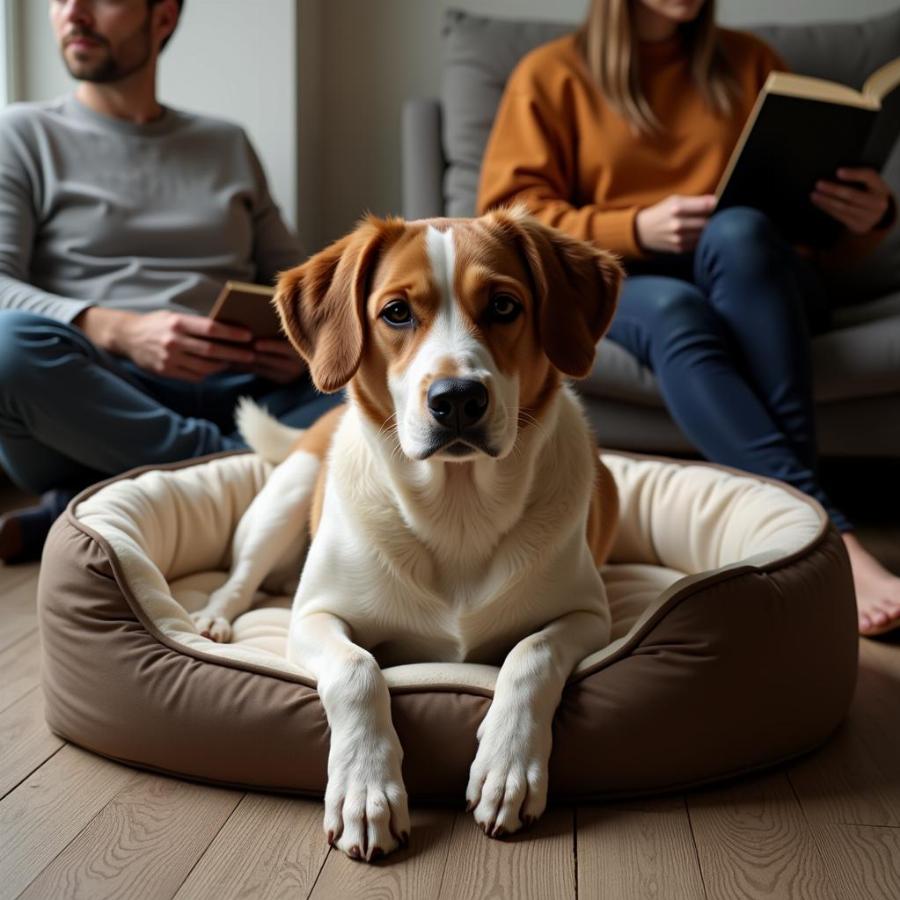 Dog resting peacefully while owner reads aloud