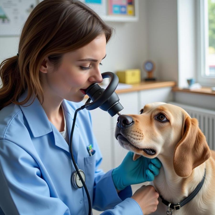 Veterinarian Examining a Dog with a Sinus Tumor