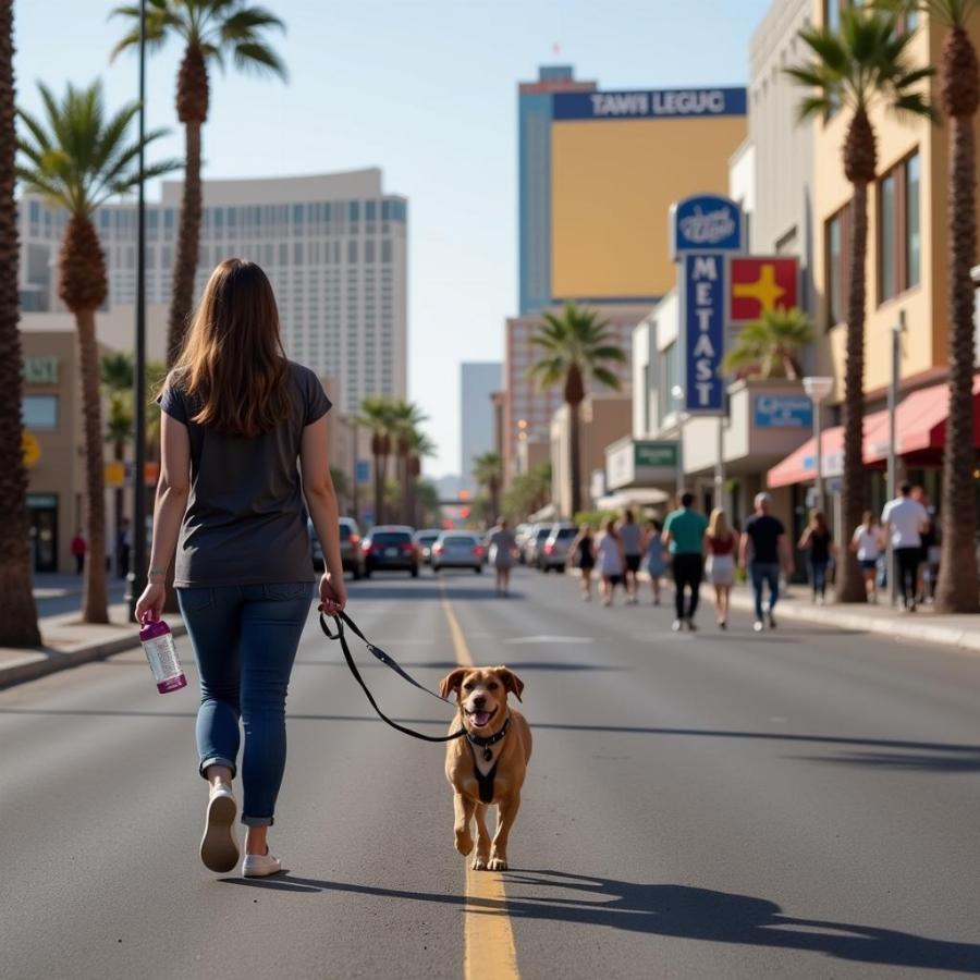 Dog Sitter Walking a Dog on the Las Vegas Strip