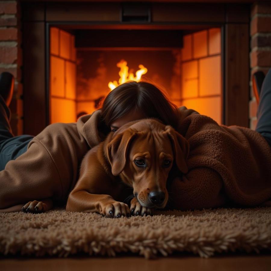 Dog Sitting by a Cozy Fireplace with Owner