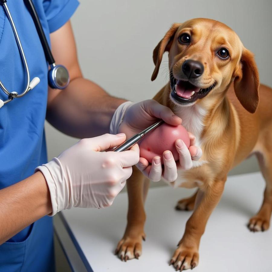 Dog with skin irritation being checked by a vet