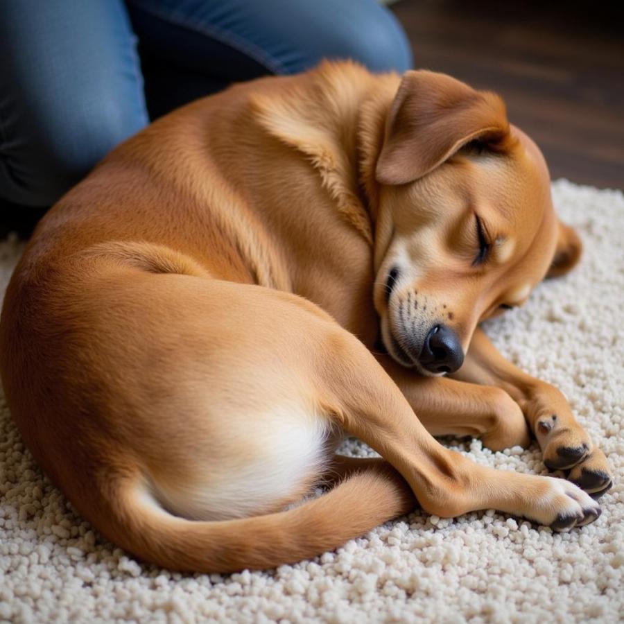 Dog sleeping with its butt towards its owner, showing trust and vulnerability.