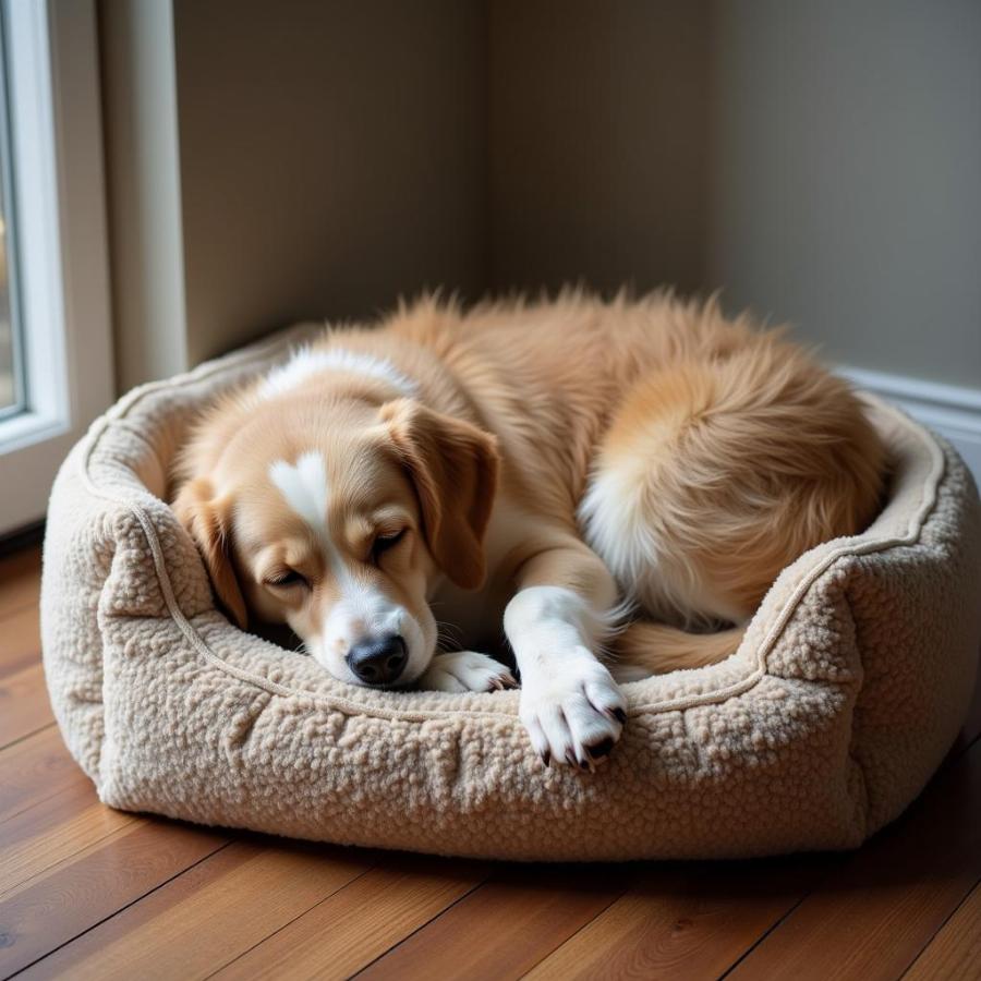 Dog sleeping comfortably in its own bed