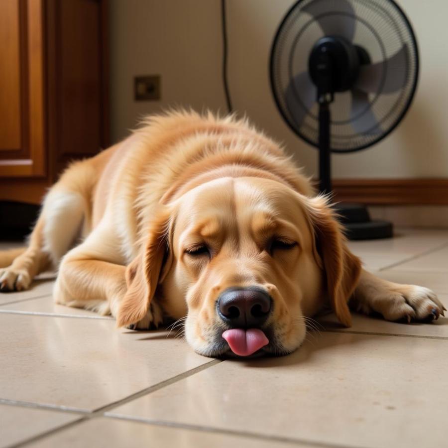 Dog sleeping with tongue out due to overheating