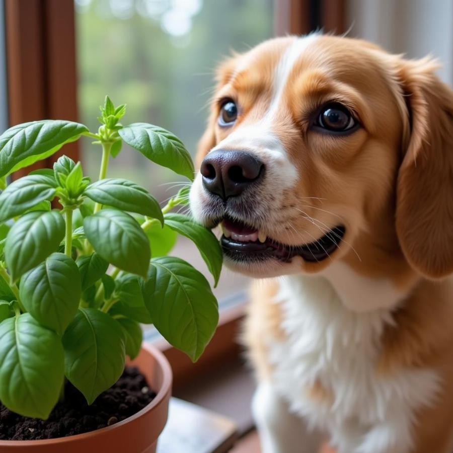 Dog Sniffing Fresh Basil Plant