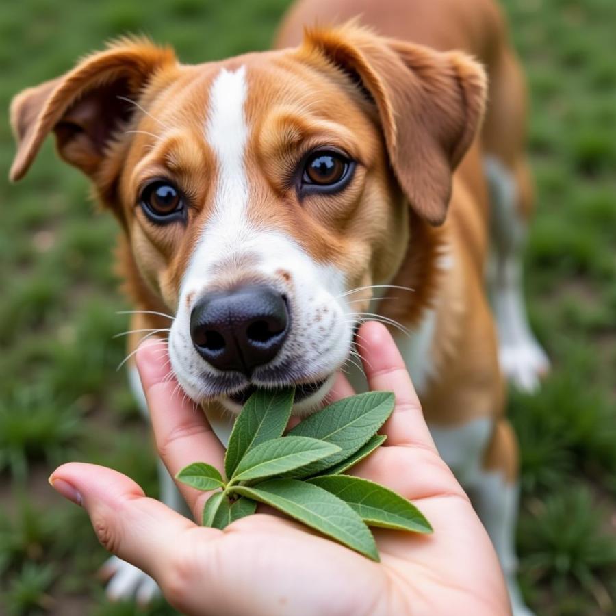 Dog Sniffing Sage Leaves