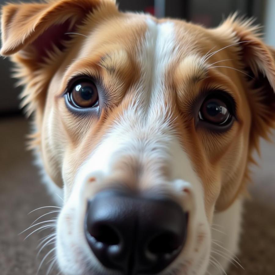 Dog staring intently at a camera, appearing intrigued.