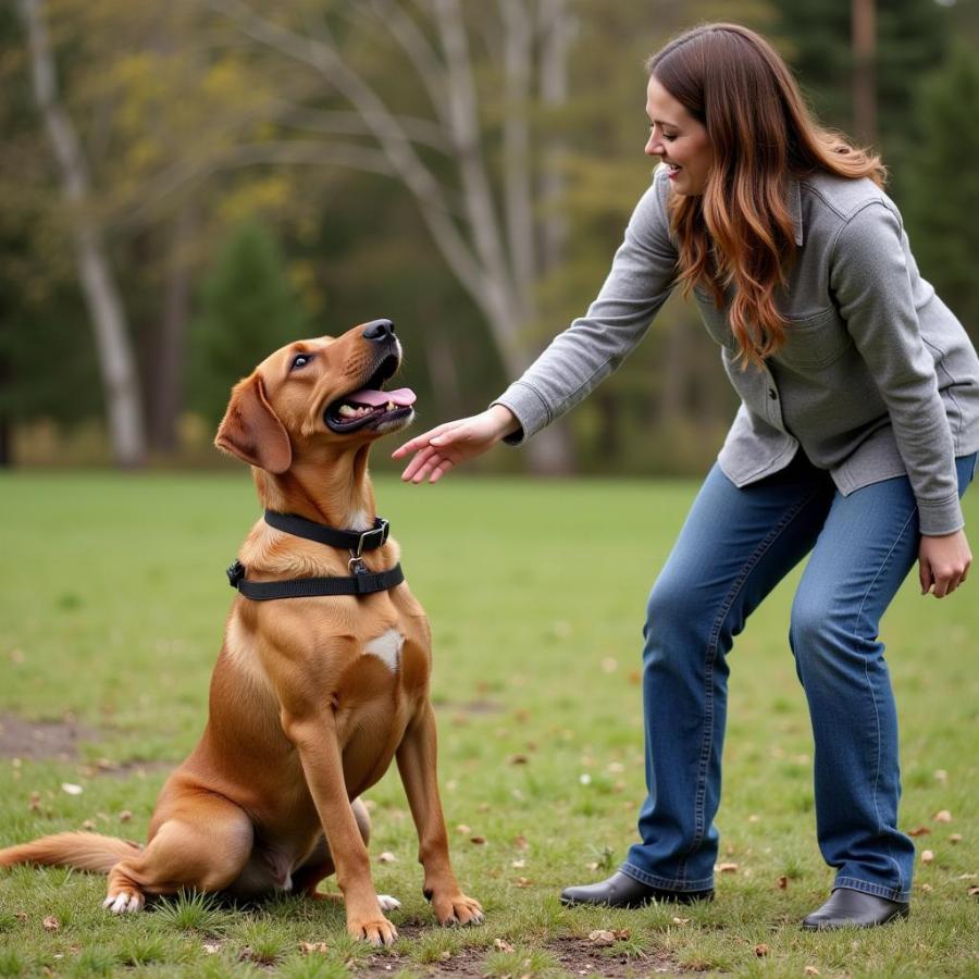 Dog being trained the "leave it" command with fertilizer