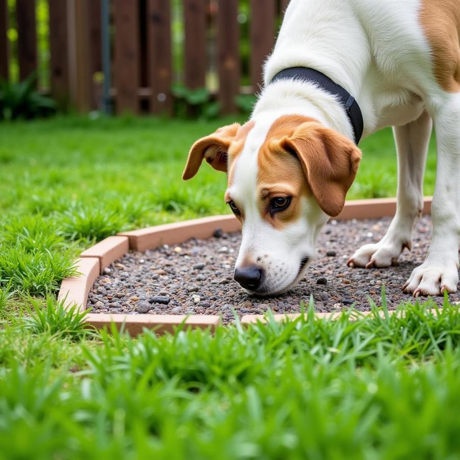 Dog urinating in a designated gravel area to prevent lawn damage