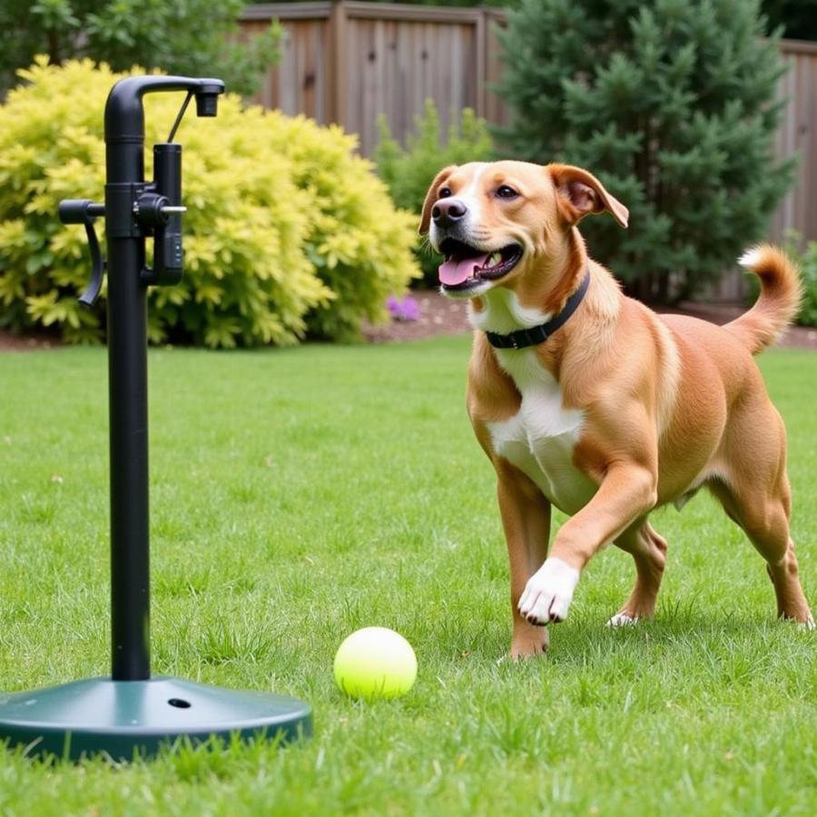 Dog Playing with an Automatic Ball Thrower