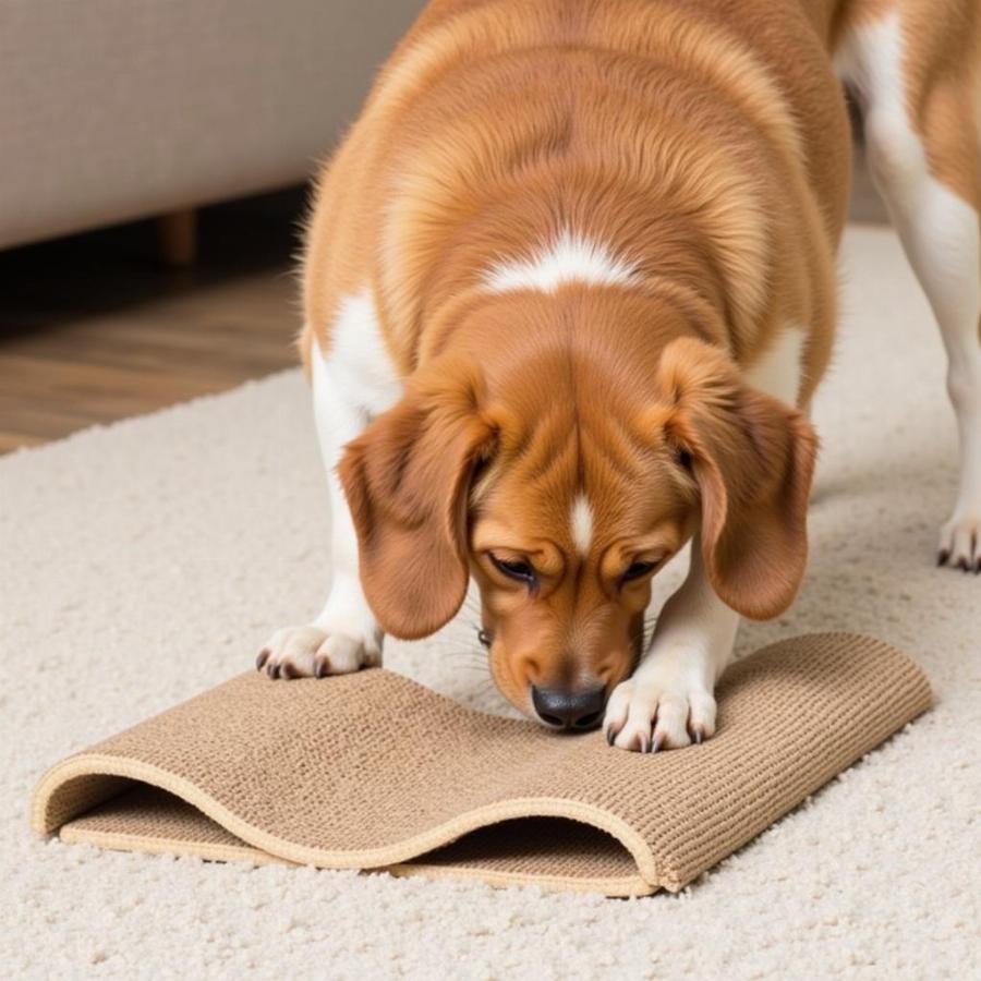 Dog using a scratch pad instead of the carpet