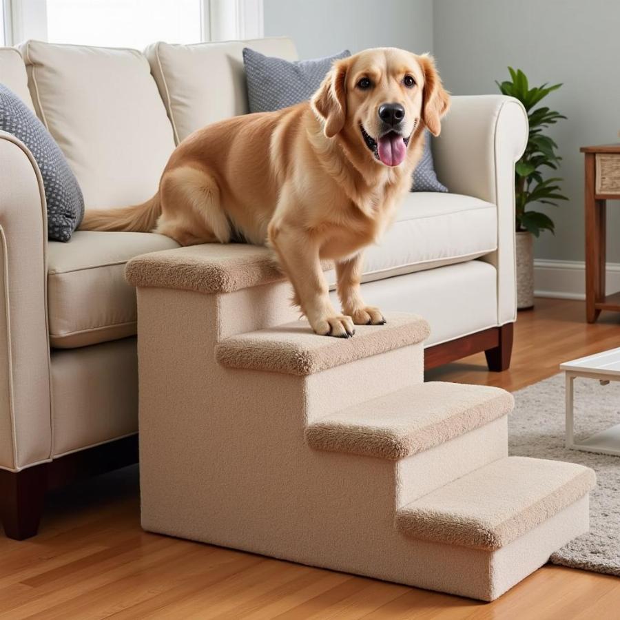 Dog Using Tall Stairs to Reach Couch