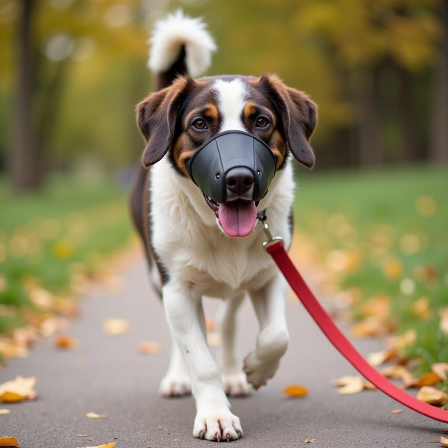 Dog with Muzzle on a Walk