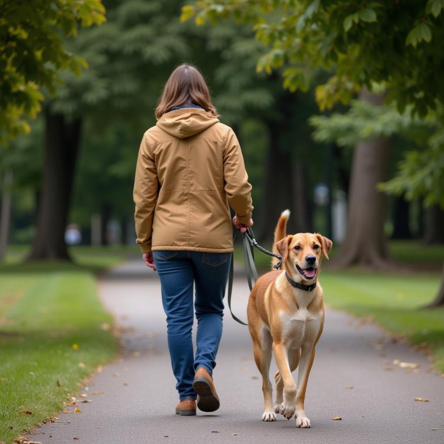 Dog walking politely on a leash next to its owner