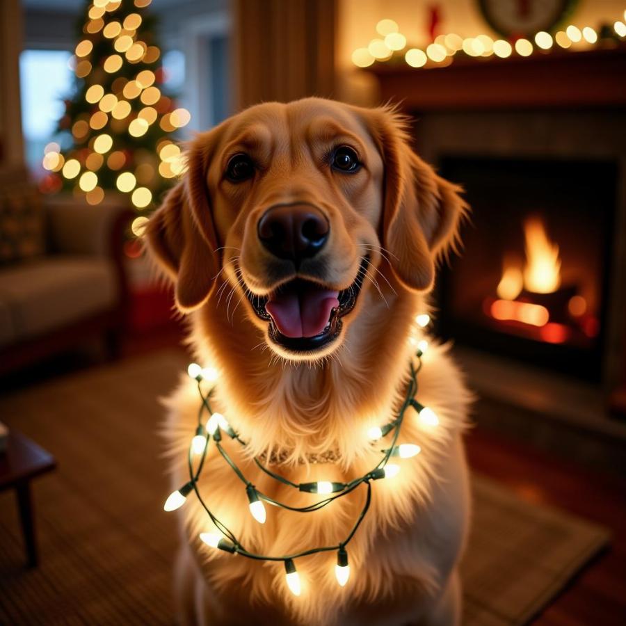 Dog Wearing Battery-Operated Christmas Lights