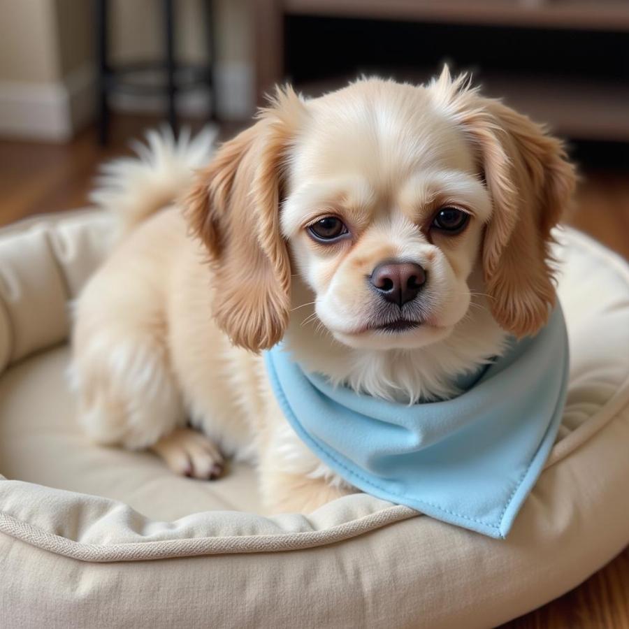 Dog wearing a calming bandana at home