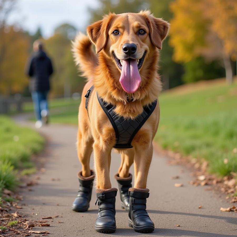 Happy Dog Wearing Chewy Boots Outdoors