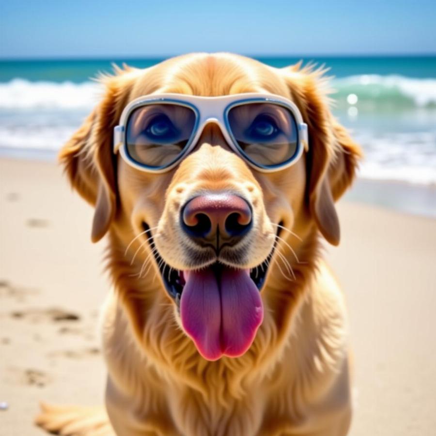 Dog wearing goggles on a beach