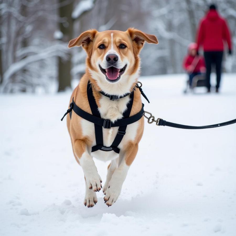 Dog Wearing Sledding Harness Running in Snow