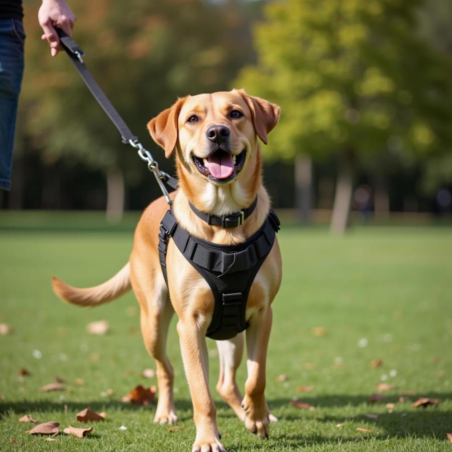 Dog Wearing a Tactical Harness on a Walk