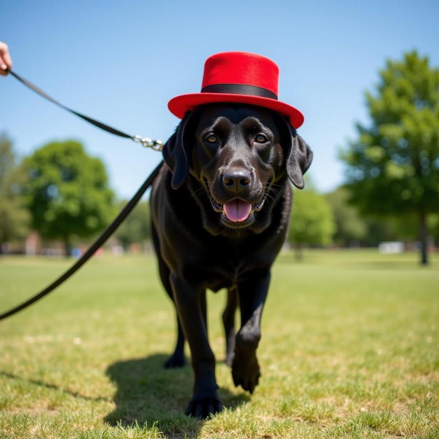 Dog wearing top hat walking in park