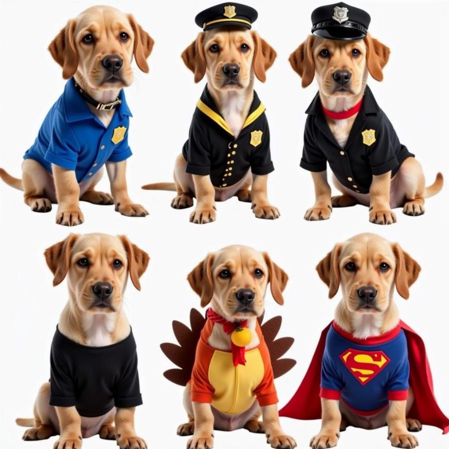 A dog wearing different costumes, including a pilot and turkey costume