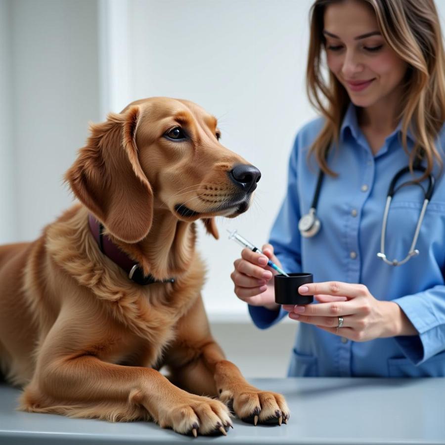 Veterinarian examining a dog to determine the correct activated charcoal dosage.