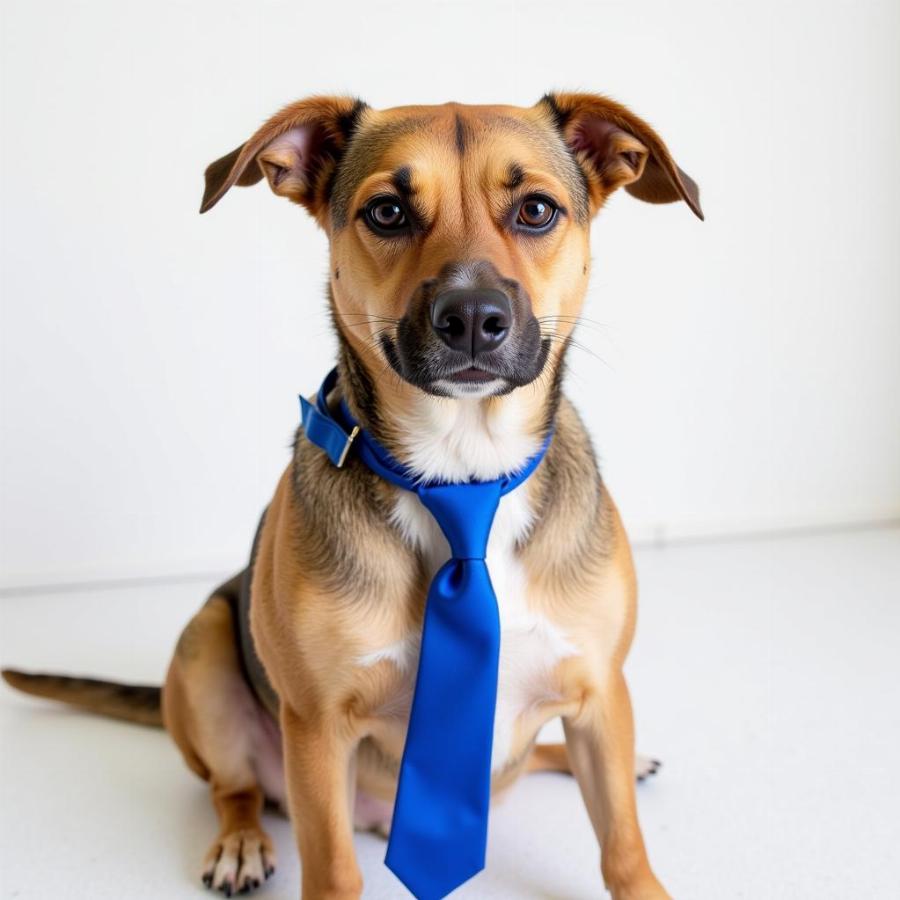 A stylish dog with a blue necktie.