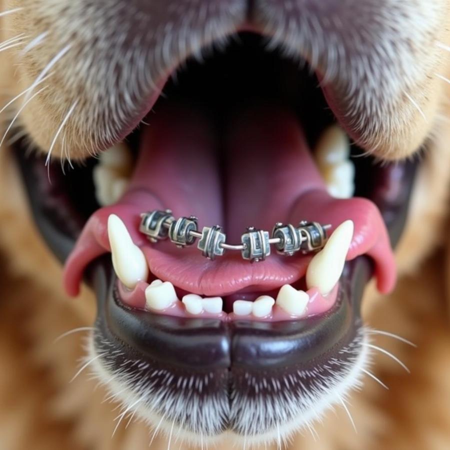 Dog with Braces for Malocclusion Treatment