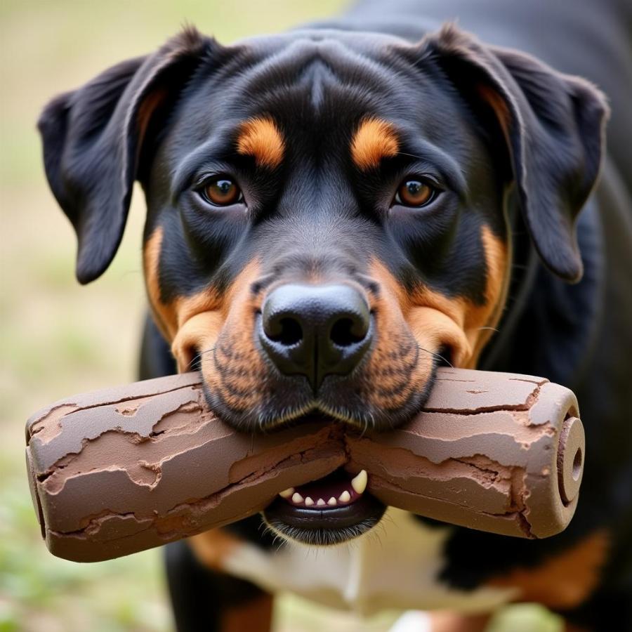 A determined chewer with a durable dog toy.