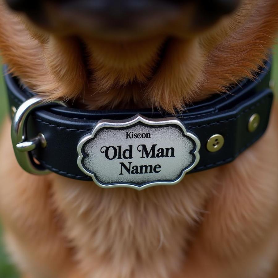 Dog Wearing a Collar with an Old Man Name Tag