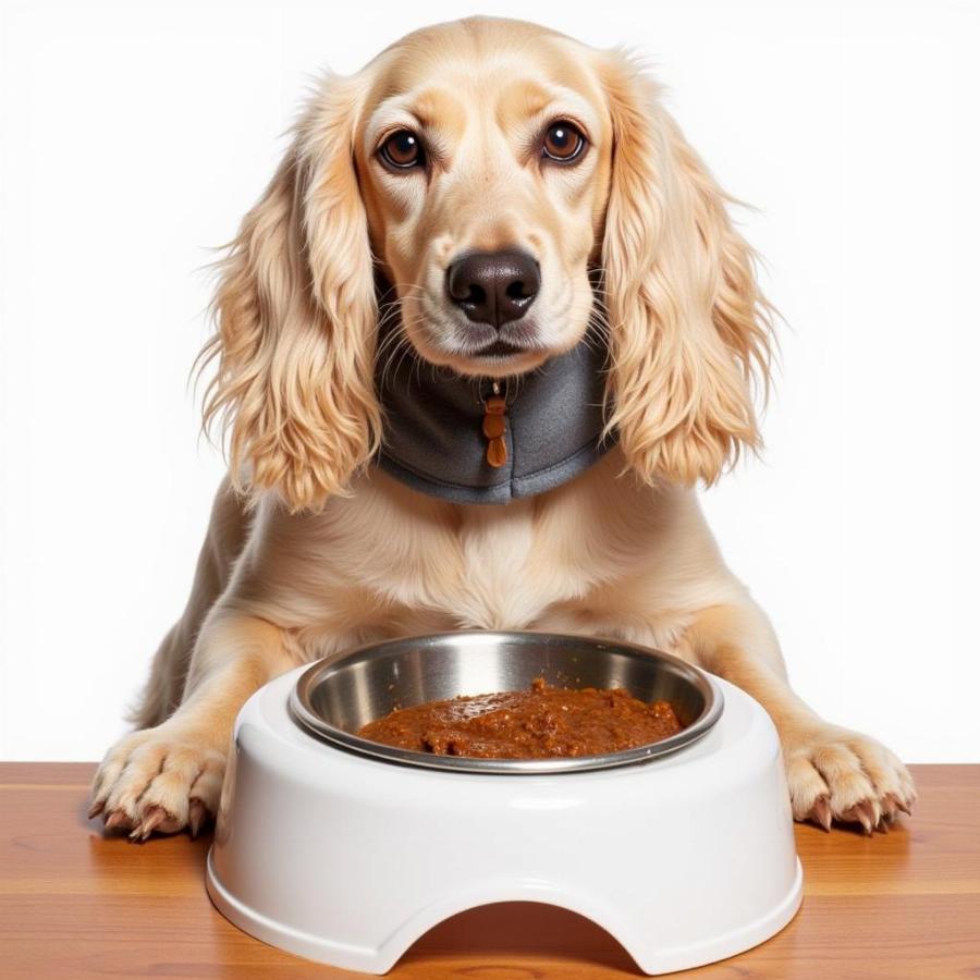 A dog with a snood eating from a raised bowl