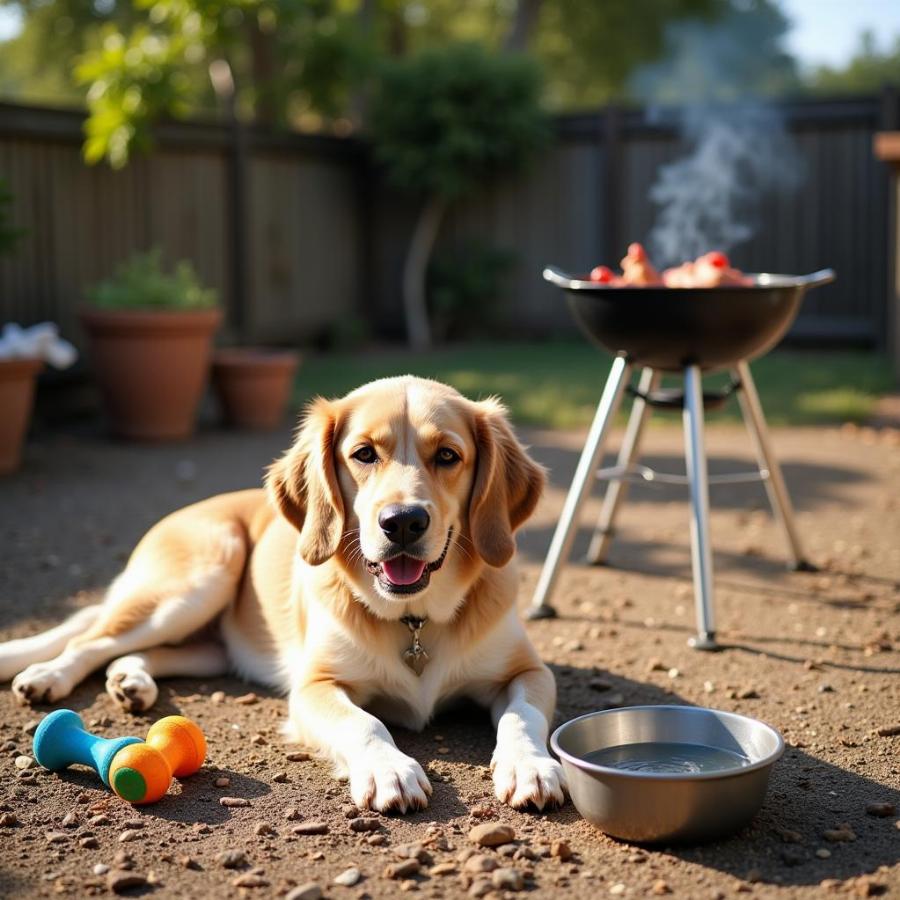 Dog with Water and Toys at Barbecue