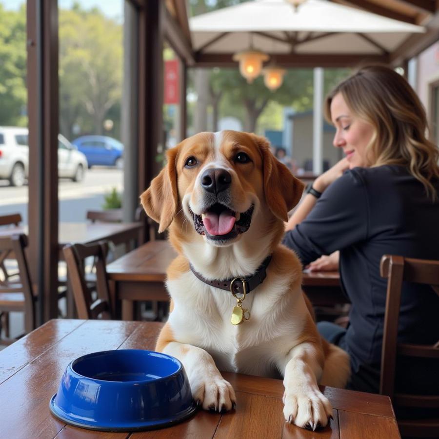 Dog with Water Bowl at a Monterey Restaurant