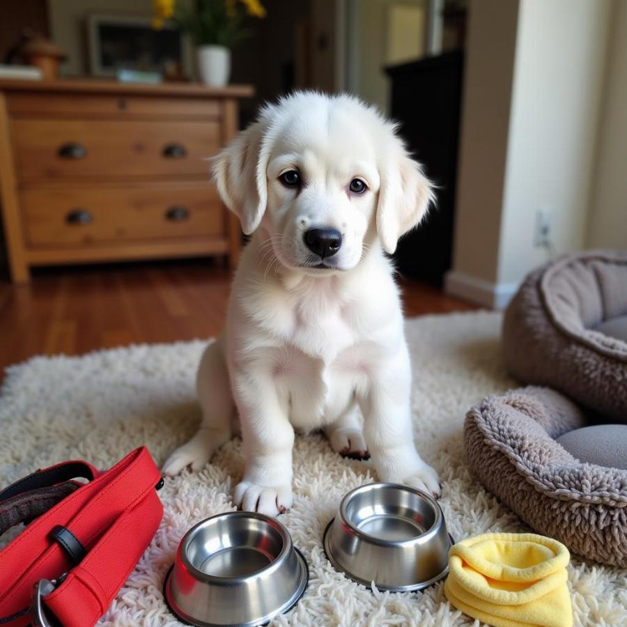 A Dogo Argentino puppy surrounded by essential supplies.