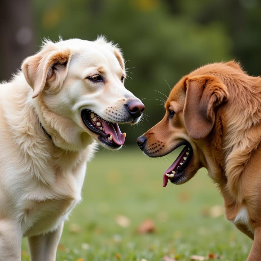 Two dogs displaying aggressive behavior in a dominance dispute