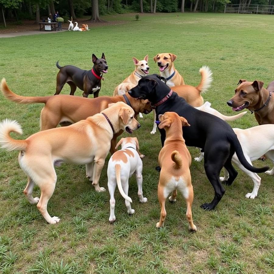 Dogs of different breeds playing together at Mt. Tabor Park