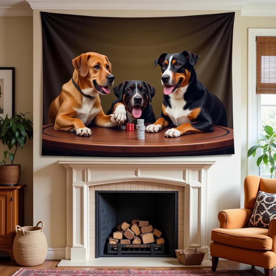 Dogs Playing Poker Tapestry in a Living Room