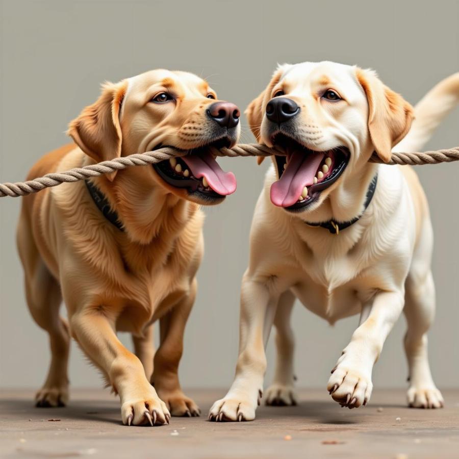 Two dogs playfully tugging on a rope toy