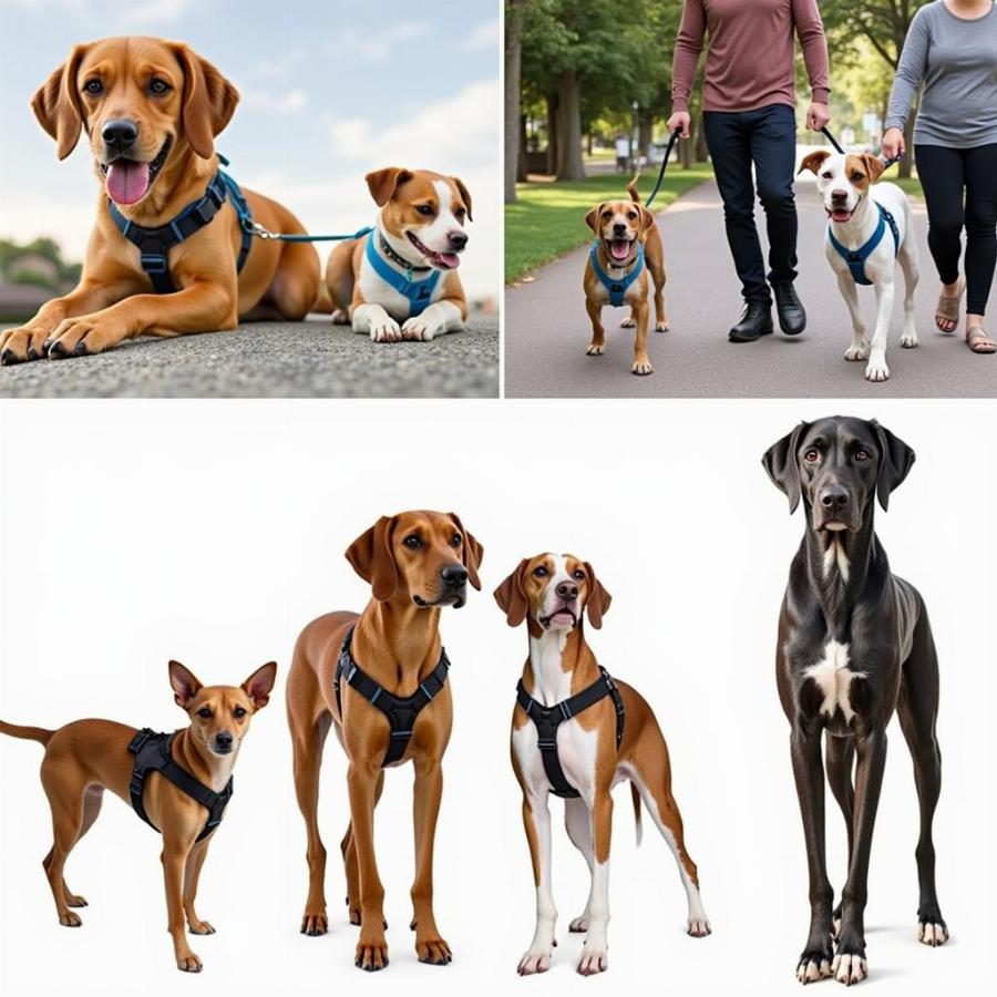 Various dog breeds wearing easy walk harnesses walking calmly on leashes.